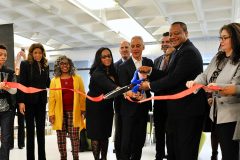 Mayor Rahm Emanuel, CPL Commissioner Brian Bannon and 6th Ward Alderman Roderick Sawyer joined PBC Executive Director Carina E. Sánchez and members of the Chatham community to cut the ribbon on Whitney Young Library's renovated and expanded facility.